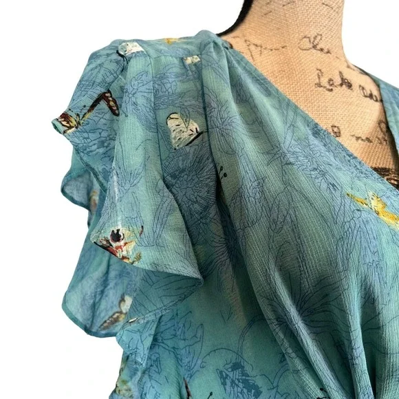 Anthropologie Feather Bone Osuna Wrap Dress Women's M Teal Butterfly Print - Picture 8 of 12